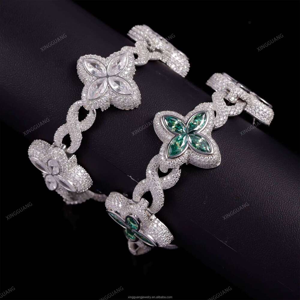 New Trendy VVS Dia Infinity Link Sier Gold Plated Green Moissanite Clover Cuban Bracelet for Men Women