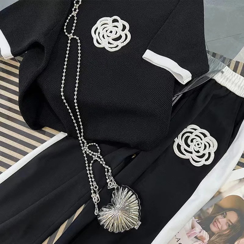 Fashion Two Piece Set Summer Clothes For Women Dresy Damskie Casual Wide Leg Pants Flower Sweater Suits Female clothes 250723