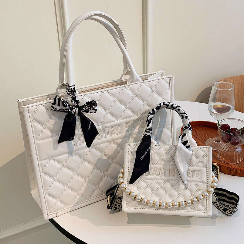 diamond grid pearl handbag, genuine leather texture silk scarf decoration bag, daily date shopping crossbody bag