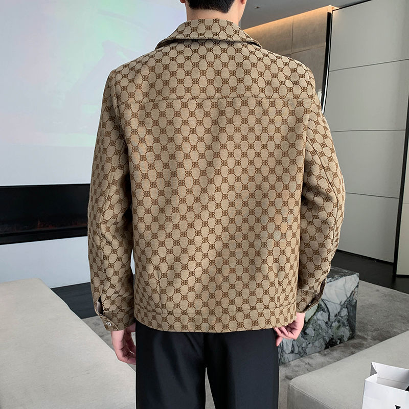 Free shipping Flip collar short item Jacquard casual jacket Male Korean version of niche high-end jacket, cool and stylish top new