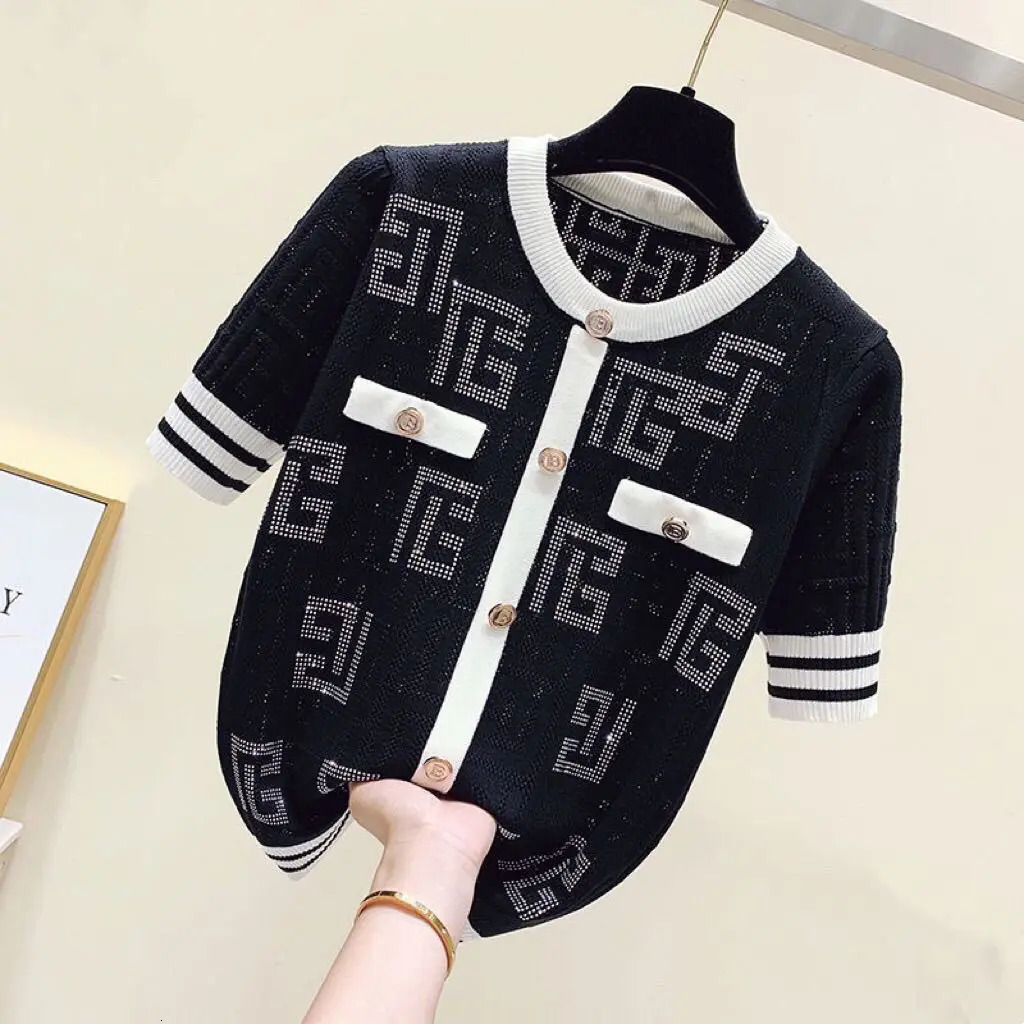 Highend Shiny Diamond Ice Silk Tshirt Thin Tops Button Summer Knit Tees Short Sleeve Striped Womens Clothing Outerwear 250723