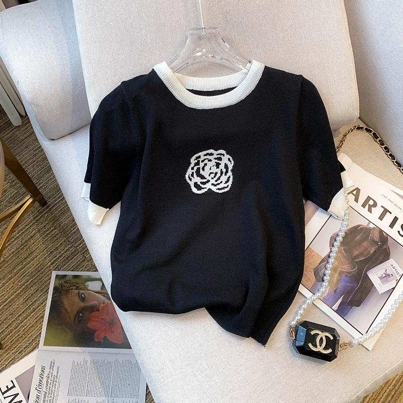 Camelia Jacquard Ice Silk Knitted Sweater Tshirt Women Summer Elegant Vintage Fashion Knitwear Tees Short Sleeve O-neck Top 250723