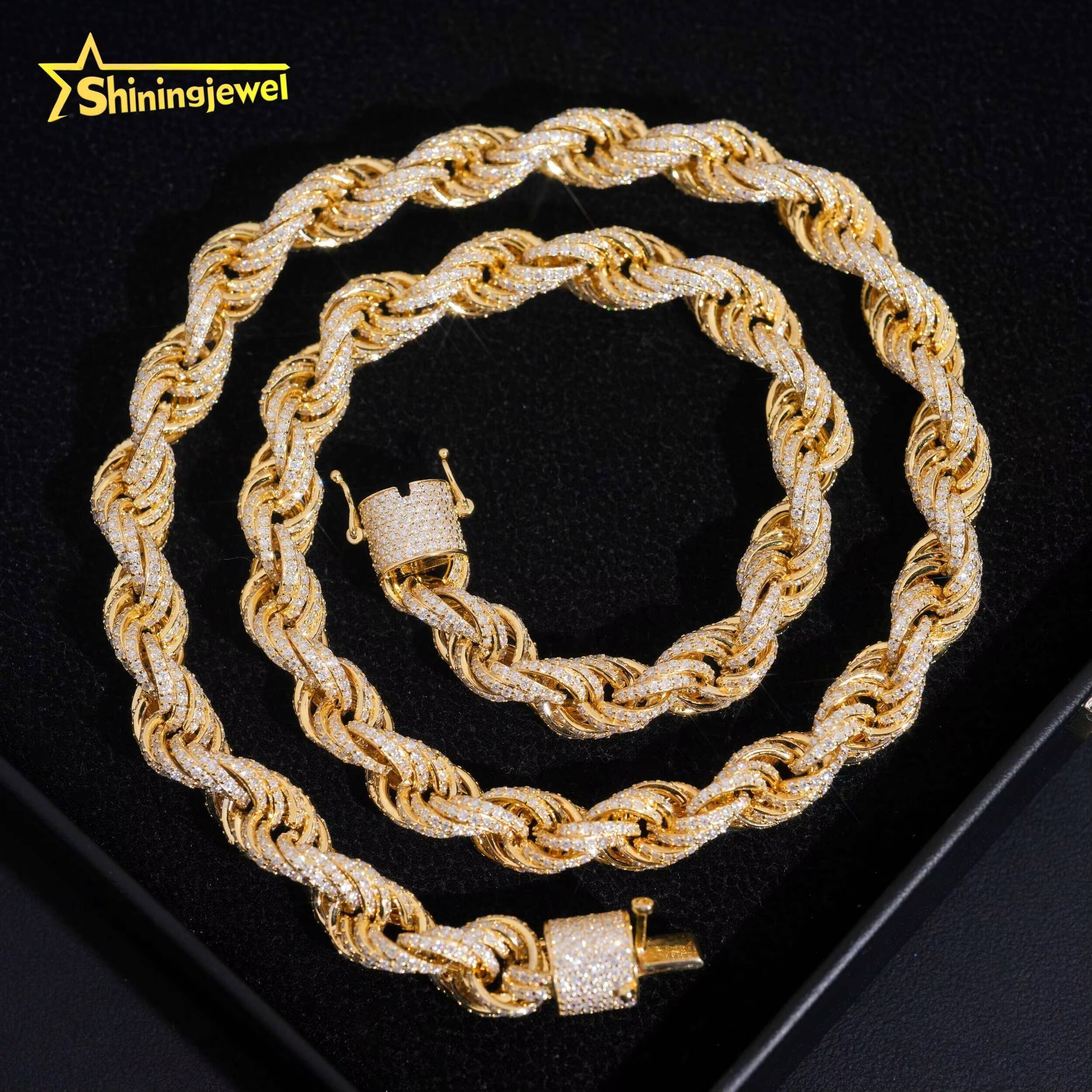 Pass Diamond Tester Hip Hop 10mm 925 Silver Gold Plated Fully Iced Out VVS Moissanite Rope Chain