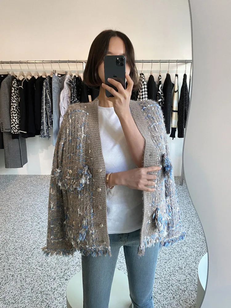 Korean style Chic Autumn Winter V-neck Tassel Wool Mixed Color Knitted Cardigan Loose Long Sleeve Sweater Coat 250723