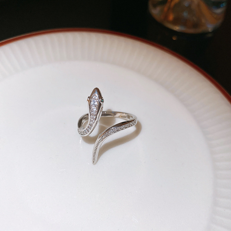 Silver - Tone Snake - Shaped Ring With Baguette And Round Rhinestone Accents Edgy Party Jewelry And Gift For Her High Quality And Sparkling Jewelry