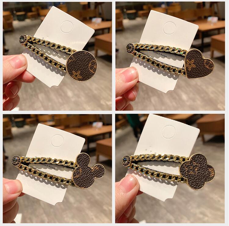 Heart Shaped Four Leaf Clover Shaped Fashion Hairpin Fashion Heart Leather Printed Metal Chain Clip Retro Style Side Bb Clip Hair Accessory C