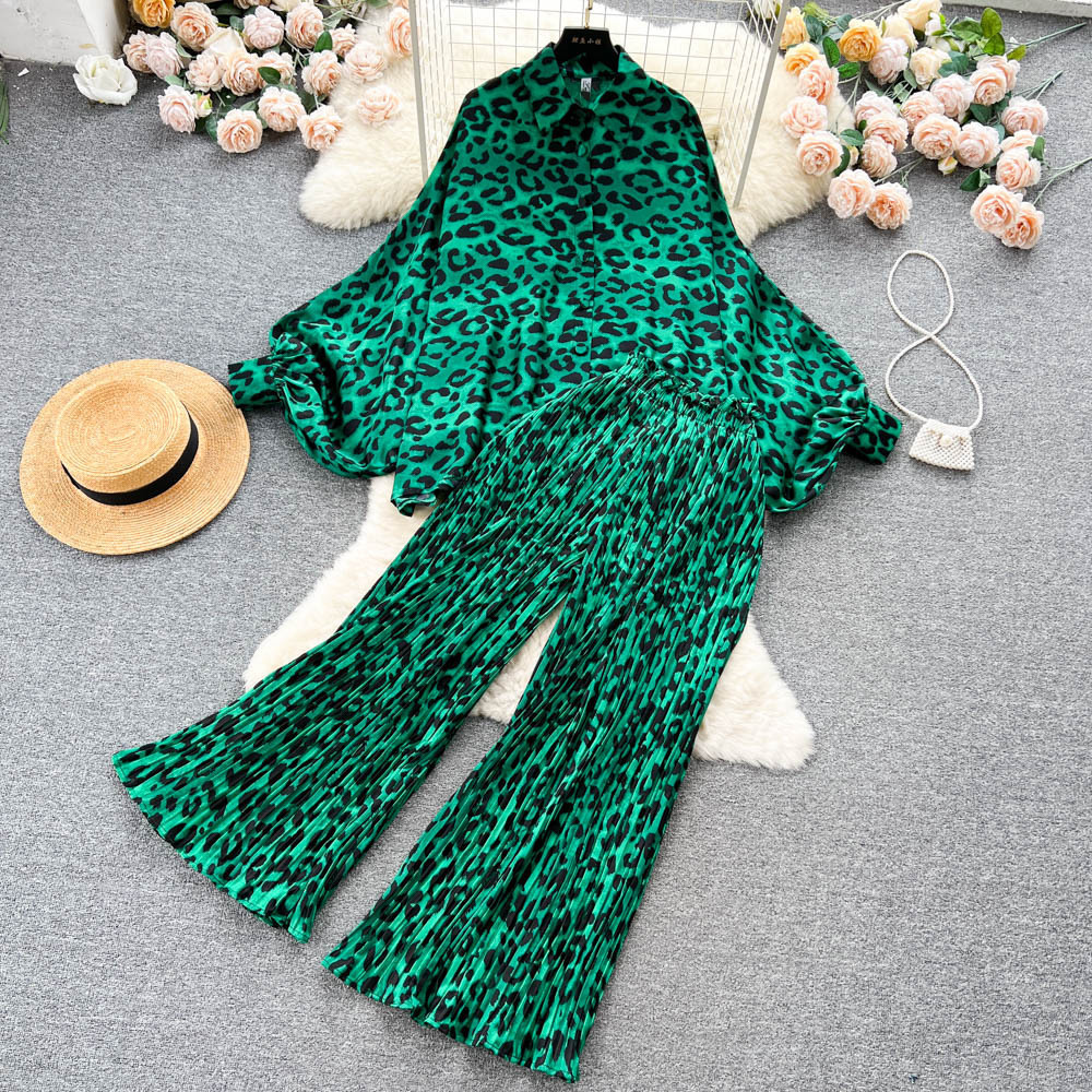 Vintage print lapel loose shirt two-piece set spring womens elastic waist drop pleated wide-leg pants fashion set 240514