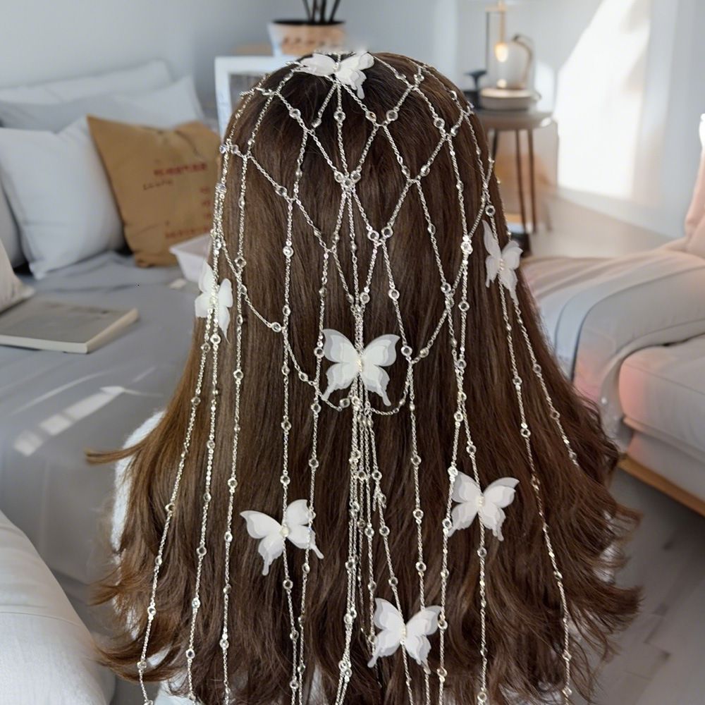 Butterfly Hollow Out Hair Chain Exotic Style Full Diamond VVS Moissanite Studded Butterfly Headpiece Bridal Accessory Headdress