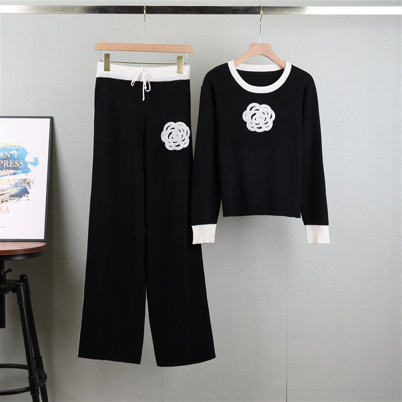 Autumn Winter Knitted Set for Women Round Neck Knitted Sweater Wide Leg Pants Elegant Two-Piece Set 250723