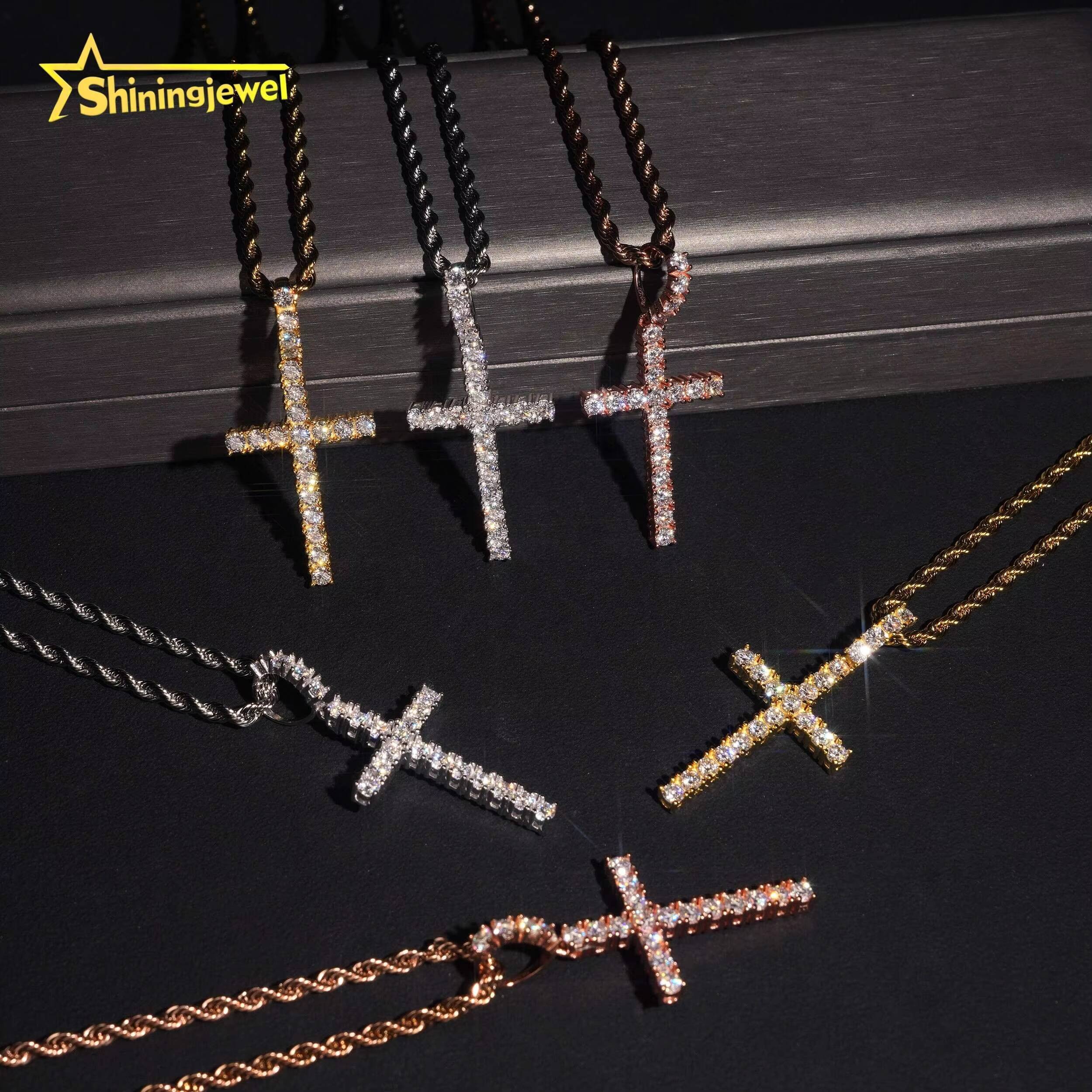 RTS Fine Hip Hop Jewelry Iced Out 3MM Round Cut Moissanite Pendant 925 Silver VVS Moissanite Jewelry Cross Pendant