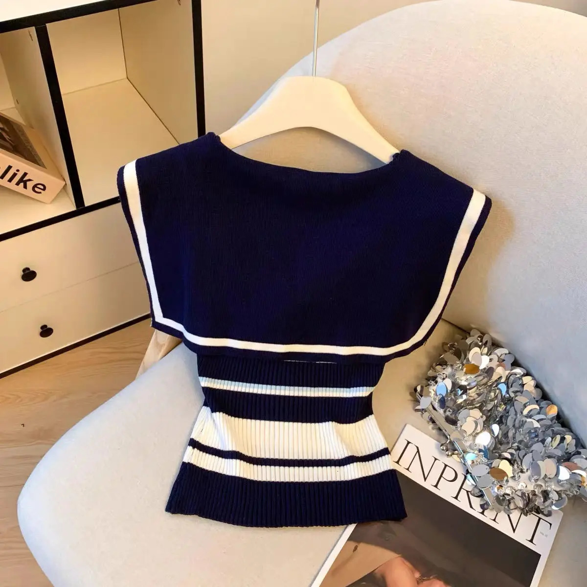 Summer Sleeveless Sailor Collar Striped Top Tee Lacing Female Casual Knitting Preppy Style Slim Pullovers Women Clothes 250723