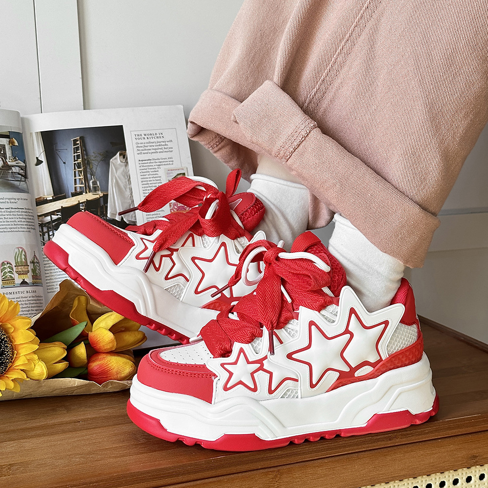 White thick-soled breaded sneakers for couples height-increasing thickened casual sports shoes star pattern footwear for men