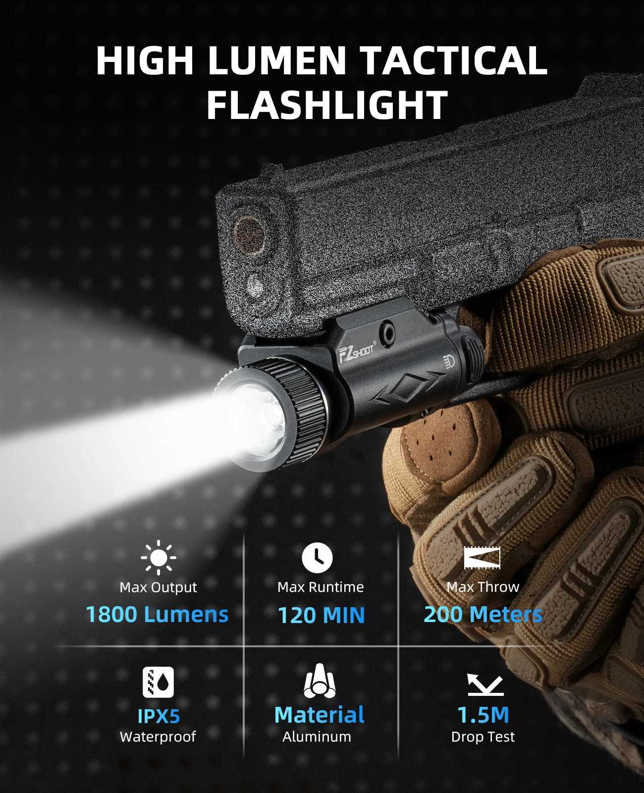1800 Lumens Tactical Flashlight Compact Pistol LED Light Compatible with Picatinny and GL Rails Strobe Mode W250722