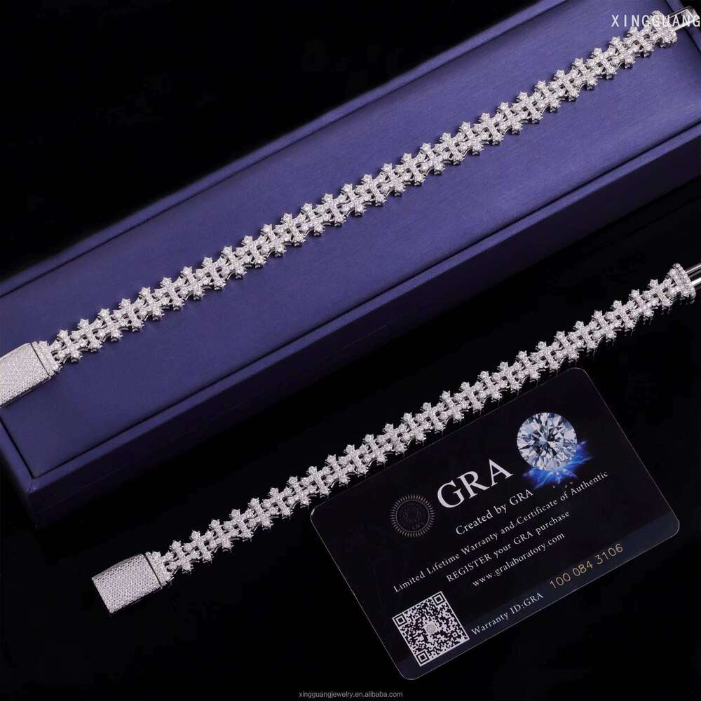 New Arrival 12mm Sterling Sier GRA Certificate Dia Moissanite Cuban Link Cross Bracelet