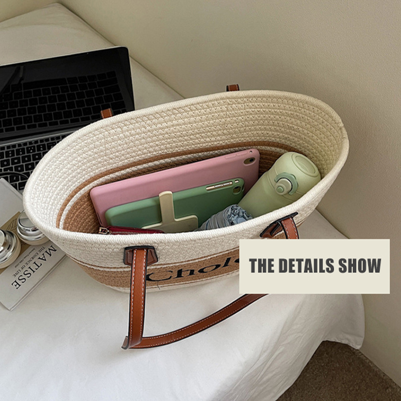 Designer bag Canvas bag Tote bag Shopping bag Single shoulder handbag Women's style Woody printed linen canvas with calf leather - Beige/Brown