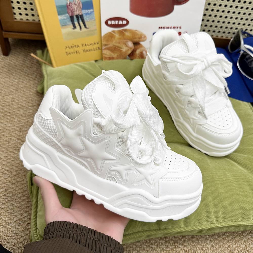 White thick-soled breaded sneakers for couples height-increasing thickened casual sports shoes star pattern footwear for men
