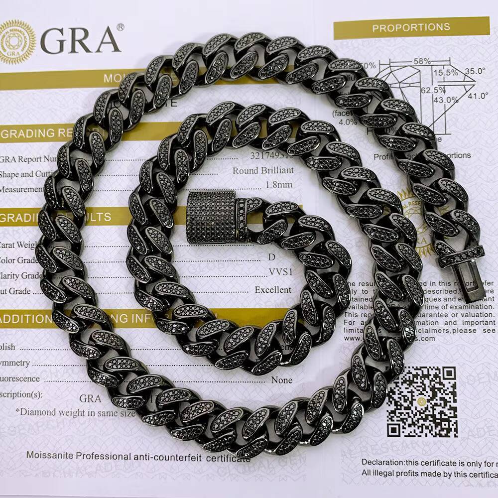 Hiphop Jewelrys Iced Moissanite Cuban Link Chain S925 Silver 12mm Two-Row VVS Black GRAN Necklace