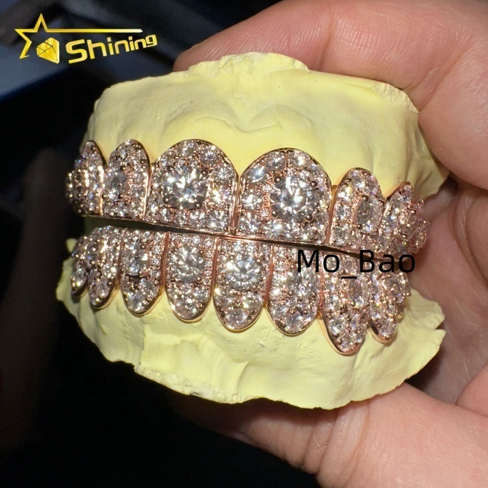 Custom Fashion Hip Hop Jewelry 10K Solid Rose Gold Iced Out VVS Diamond Round Cut Moissanite Teeth Grillz for Mens