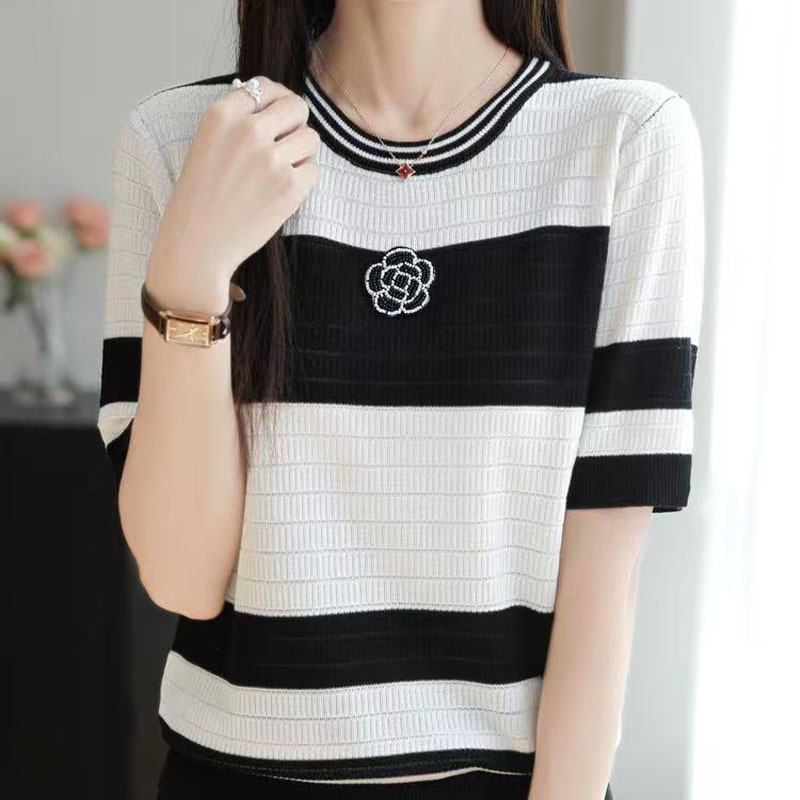 Women Summer Simplicity Office Lady Striped O-neck Short Sleeve Knitwear Tops Ladies Elegant Temperament All-match Trend Ice Silk T-Shirt Top 250723