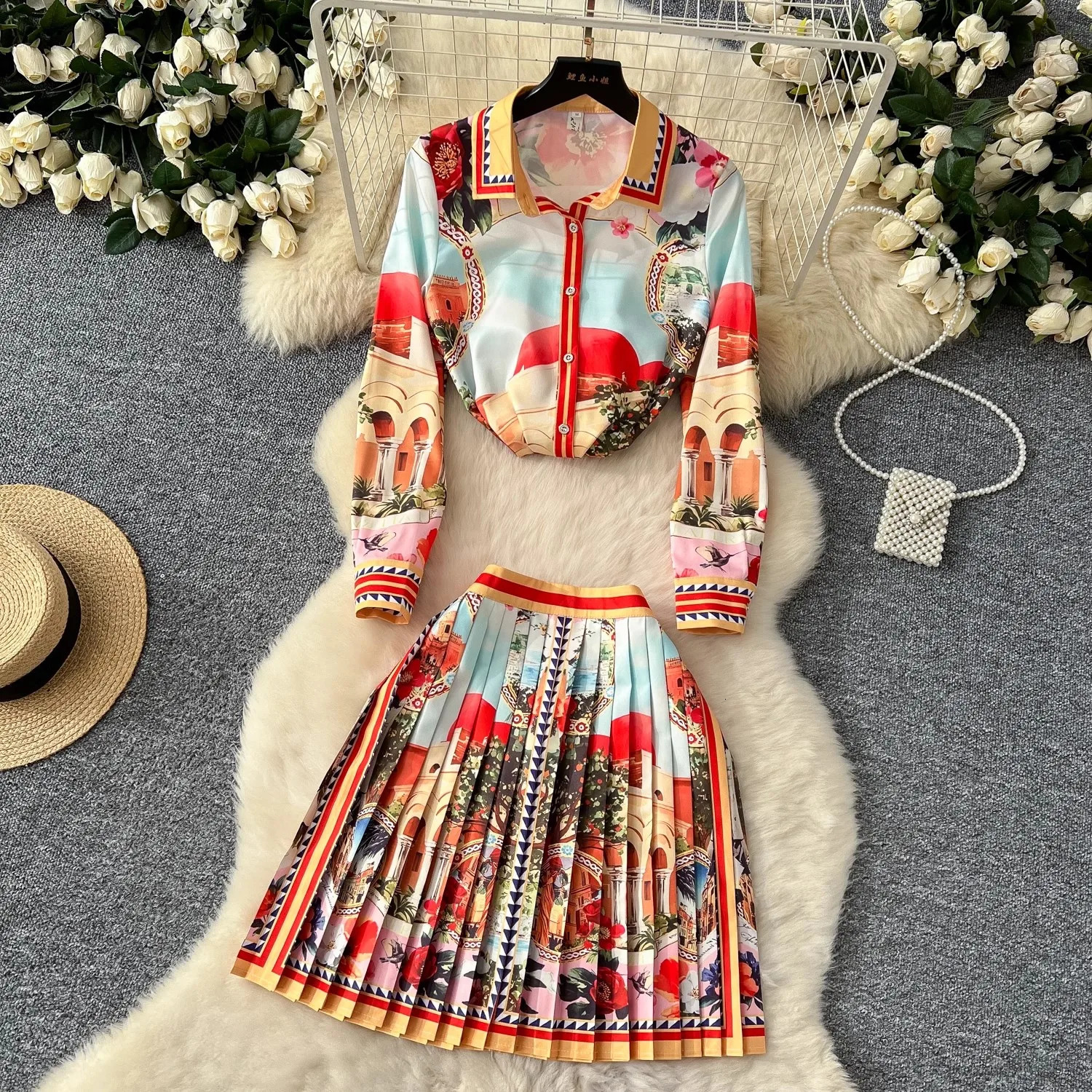 Summer Runway Holiday Gorgeous Flower Skirt Suit Long Sleeve Print Shirt Tops Pleated Mini Skirt Womens 2 Piece Outfits Skirt 250723