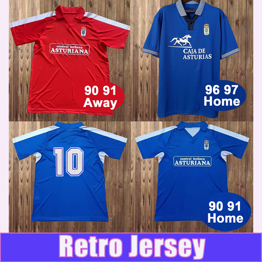1990 1991 Real Oviedo Retro Mens Soccer Jersey 1996 1997 Home Navy blue Away Red Football Shirts Vintage Short Sleeve Adult Uniforms