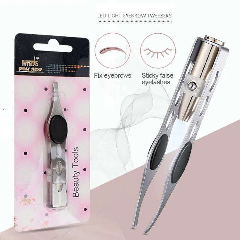 1PC LED Tweezer Oblique Tip Stainless Steel Eyebrow Trimming Clip Eye Hair Removal Prune False Eyelash Clamp Makeup Tool Eyelash Curl