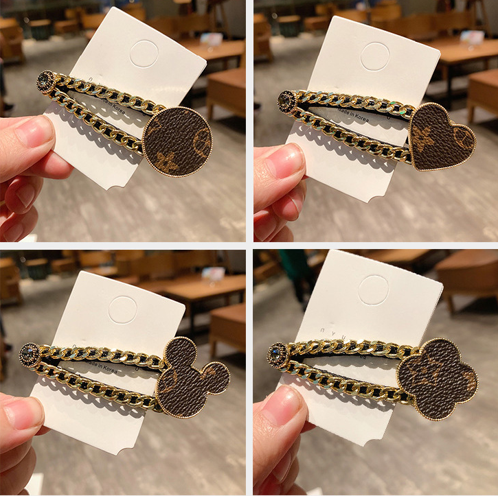 for woman Luxury Designer Heart Clips With Metal Chain Edge - Faux Leather Accent Retro Style Side Hair Clamp For Women And Girls Free Ship