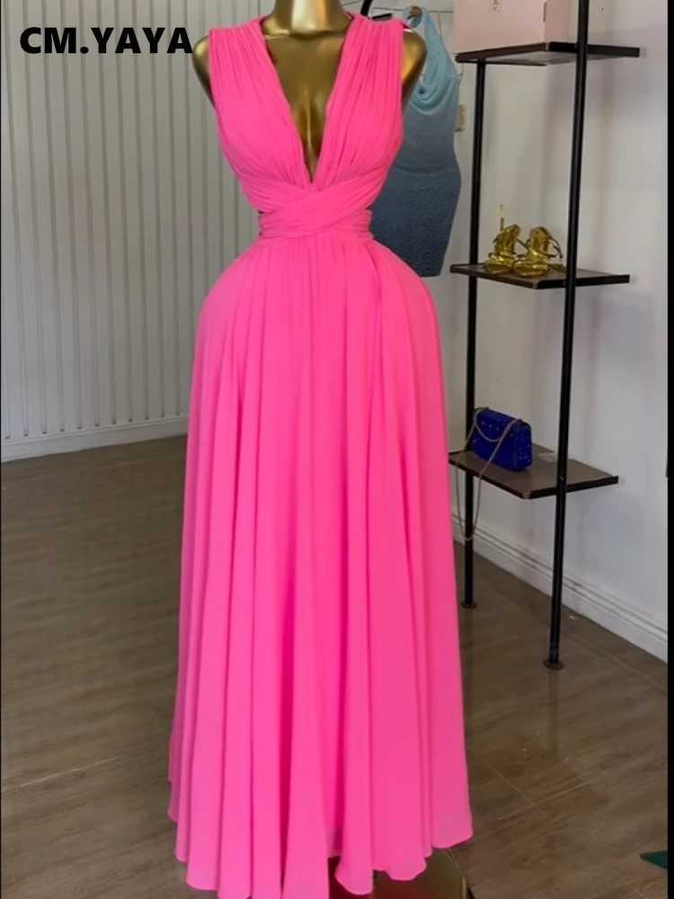 CM.YAYA Women Sleeveless Cutout BaCK Wrap V-neCK Pleated A-line Maxi Long Dress BirTHday Vacation Sexy Party Dresses Z250722