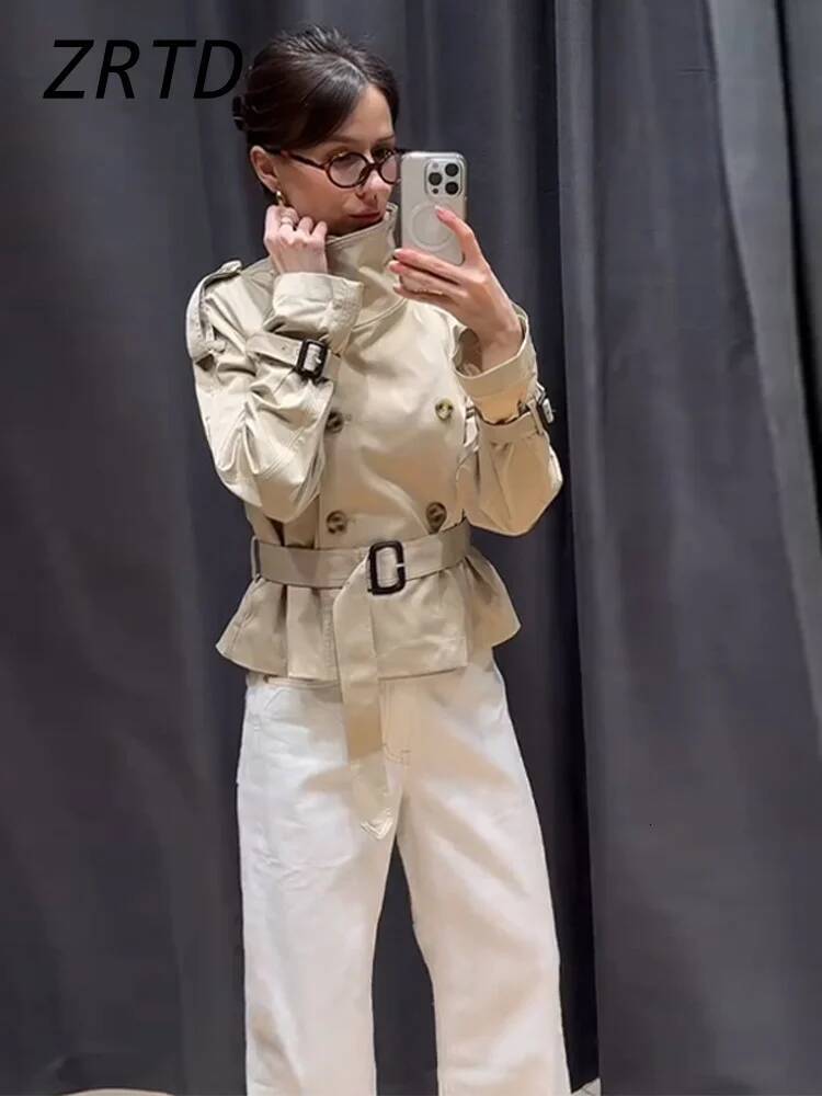 Fashion Women's Short Belt Jackets Turtleneck Double Breasted Full Sleeve Female Trench Coats 2025 Spring Lady Commute Outwear