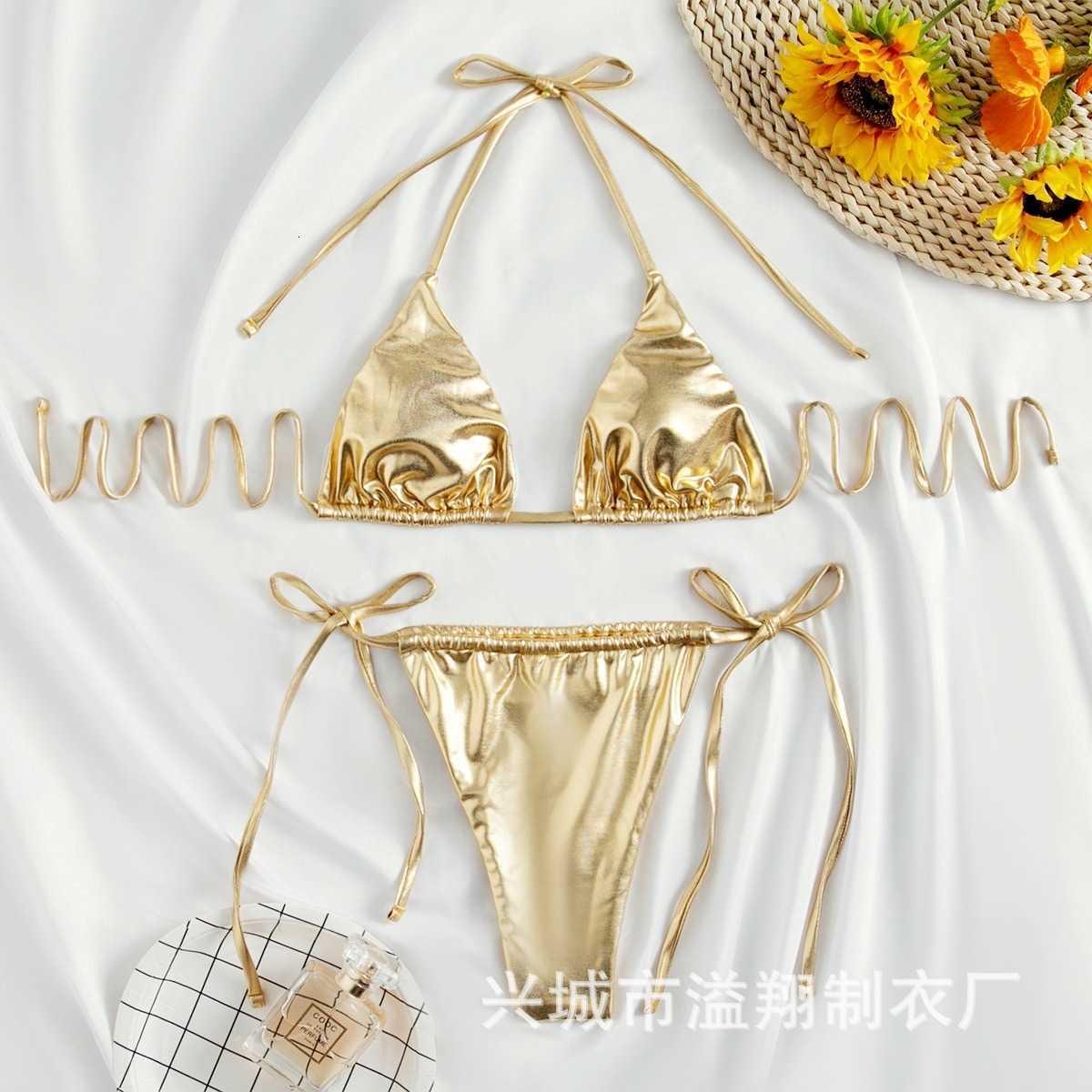 New European and American best-selling women's swimwear set in two pieces with gold-embossed fabric, collarless strap-style, sexy bikini