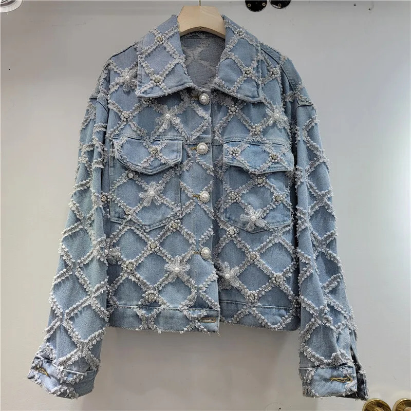 WTHT Fashion Womens Spliced Rivet Flower Plaid Denim Jacket Spring Trendy Lapel Long Sleeves Coat 1LS1131 250723