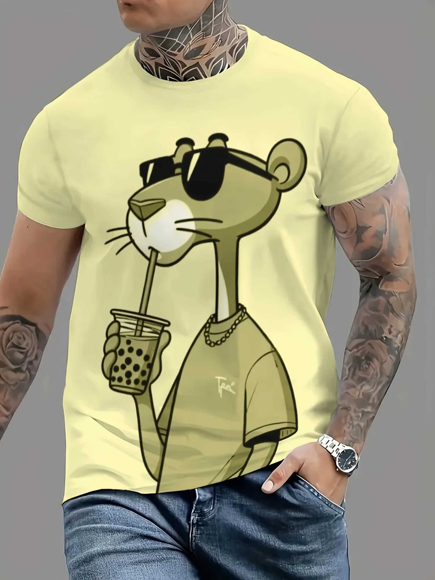 Summer New Mens T-shirts Cartoon Pink Panther Print Short Sleeve O-neck Tees Casual Loose Daily Sports Oversized Unisex Tops W250723