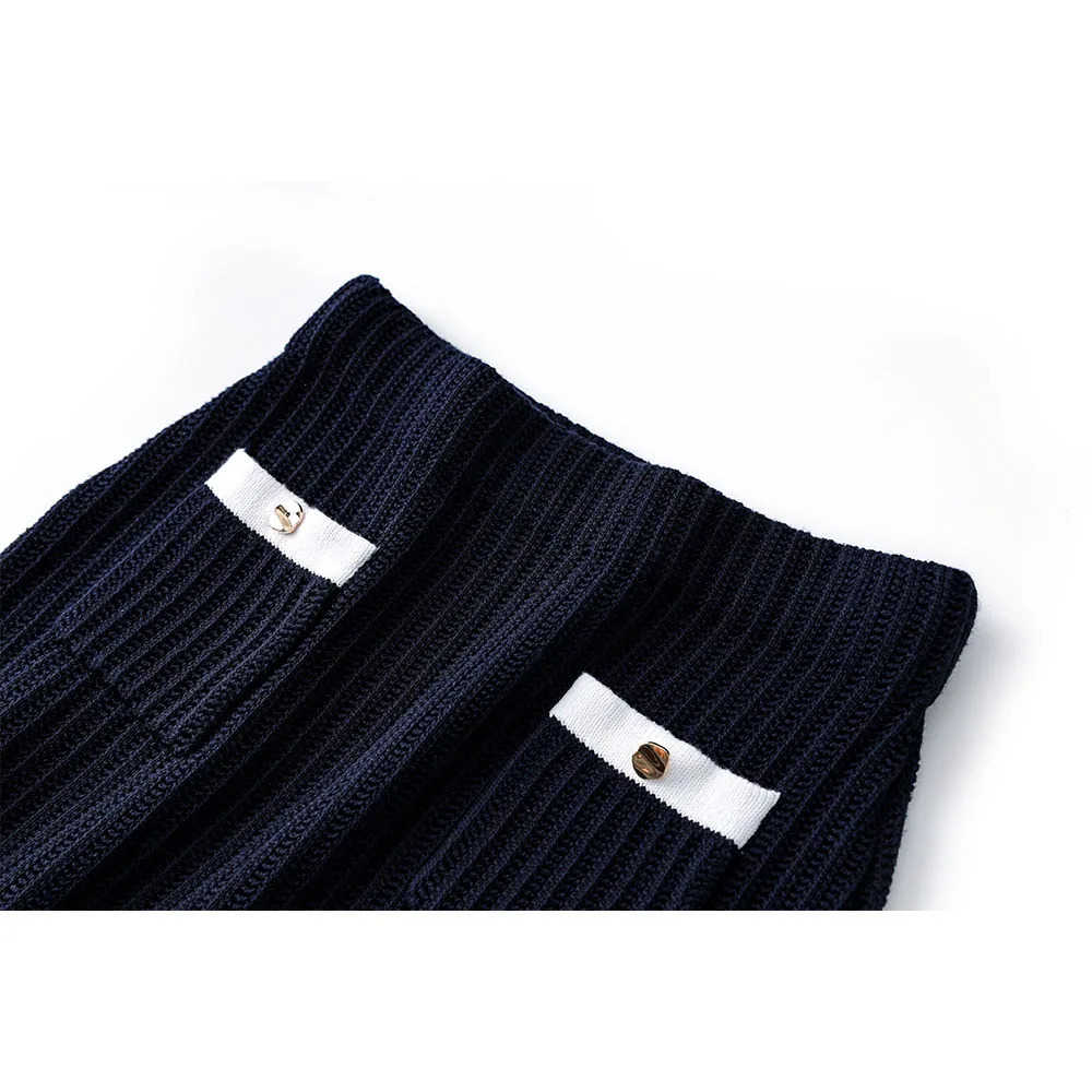 High quality French contrasting round neck topirregular edge waist cinched half skirt knitted two-piece set 250723