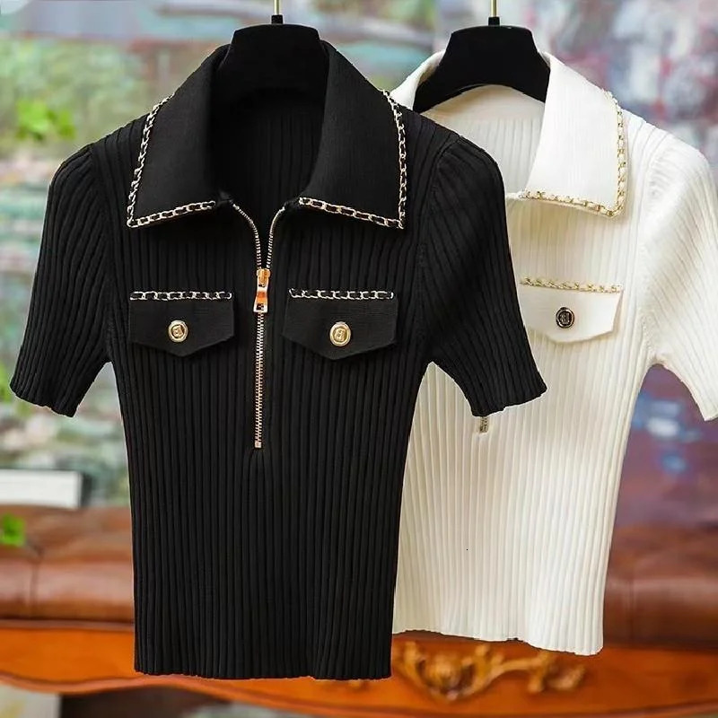 Summer Fashion Slim Knitted Tshirt Sweater Women Stylish Chain Buttons Zip-up Tees Tops Vintage Elegant Chic Ladies Knitwear 250723