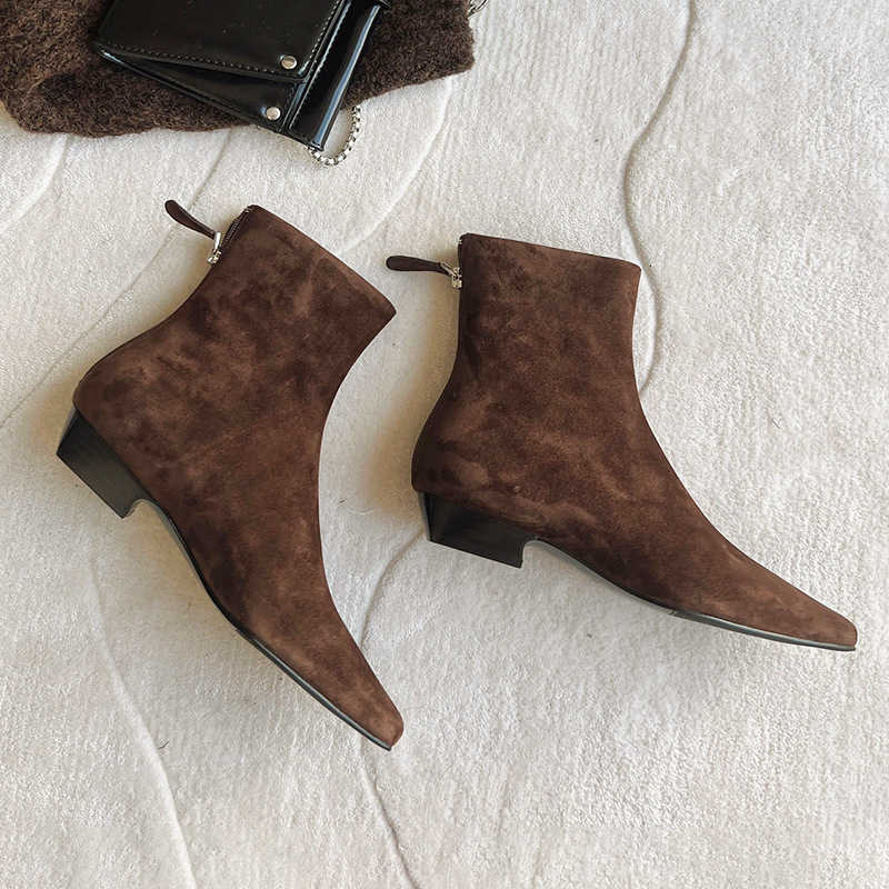 New autumn and winter back zipper retro brown suede Korean style ankle boots slim boots square head thick heel short boots women's - view 3
