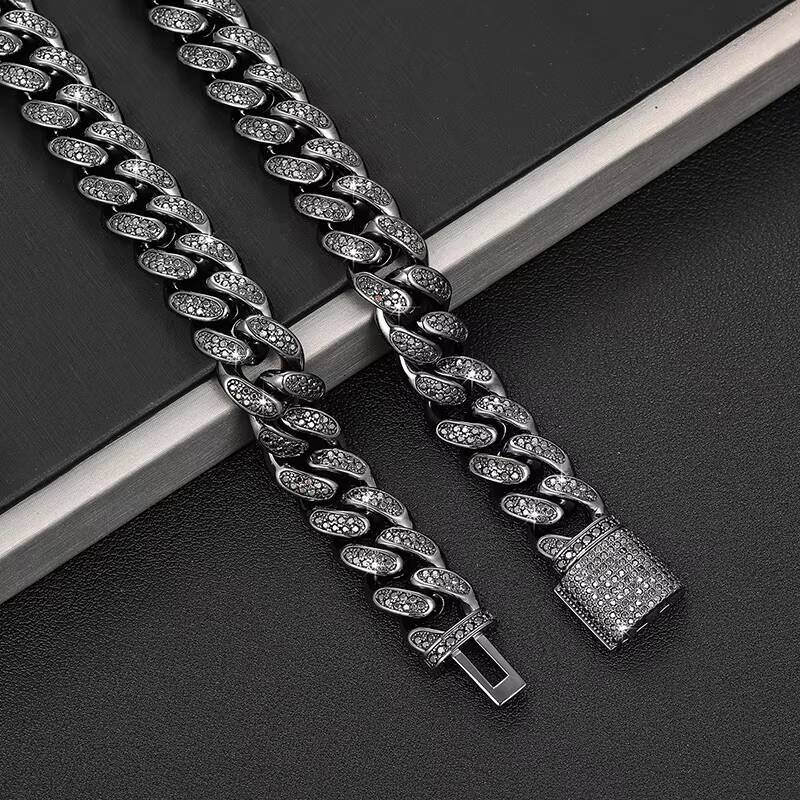 Hiphop Jewelrys Iced Moissanite Cuban Link Chain S925 Silver 12mm Two-Row VVS Black GRAN Necklace