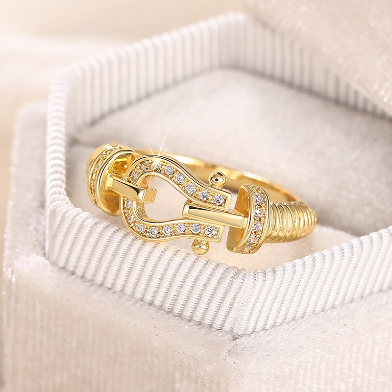 Designer Jewellery High Quality Gold Tone Buckle Shaped Ring with Crystal Accents Party Daily Wear Gift for All Occasions Textured Stylish Accessory