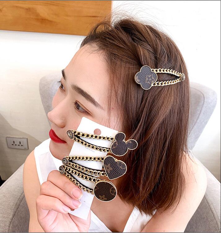 Heart Shaped Four Leaf Clover Shaped Fashion Hairpin Fashion Heart Leather Printed Metal Chain Clip Retro Style Side Bb Clip Hair Accessory C