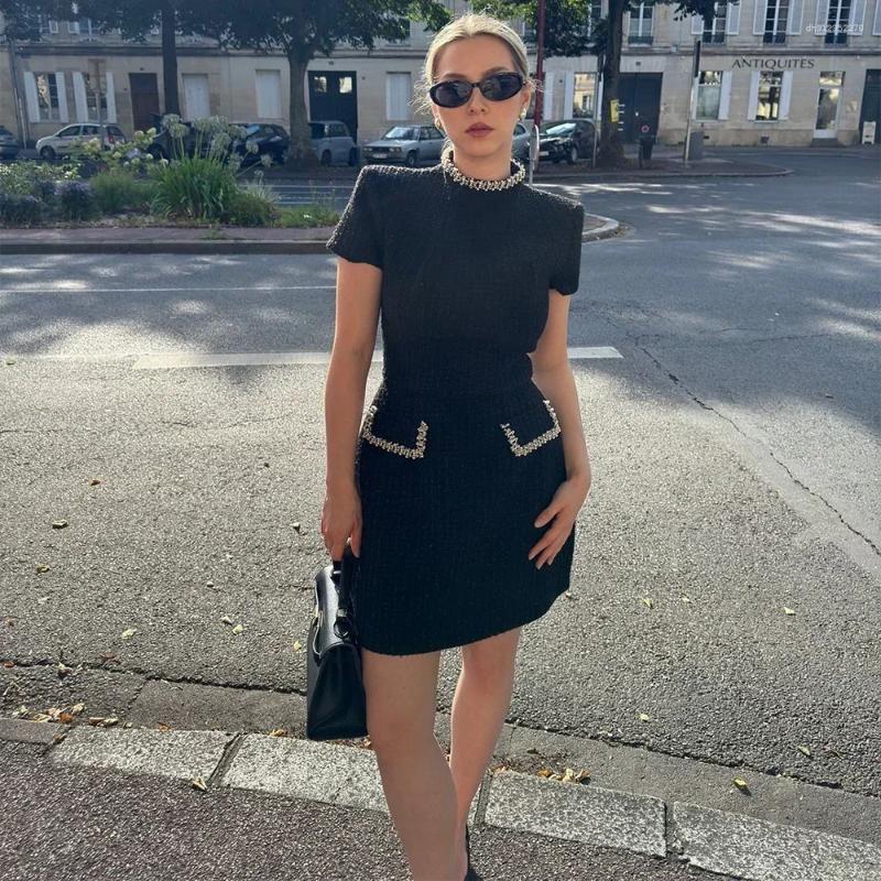 Two Piece Dress Talenza Women's Elegant Tweed A-Line Solid Slim Fit Short Sleeve Retro O-Neck Patchwork Luxury Evening