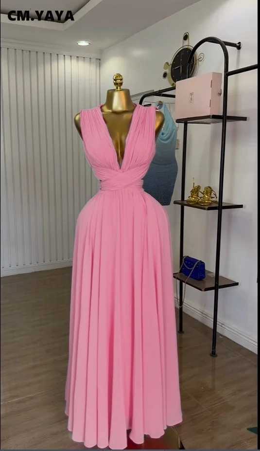 CM.YAYA Women Sleeveless Cutout BaCK Wrap V-neCK Pleated A-line Maxi Long Dress BirTHday Vacation Sexy Party Dresses Z250722