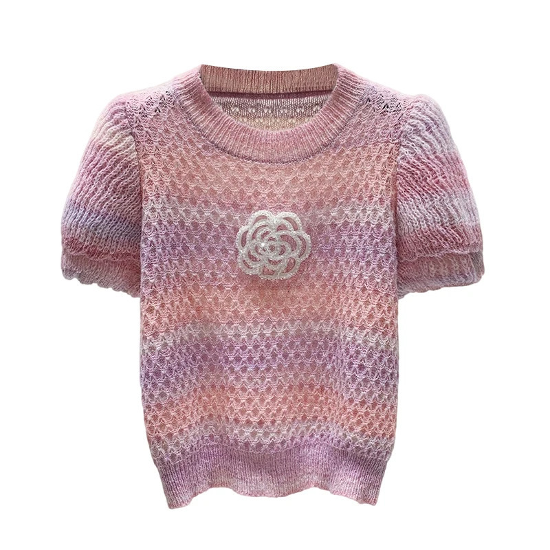 Korean Fashion Knitwear Women O-Neck Short Sleeve Casual Summer Y2K Chic Clothing Sweater Pullovers Tops Pull Femme Tees 250723