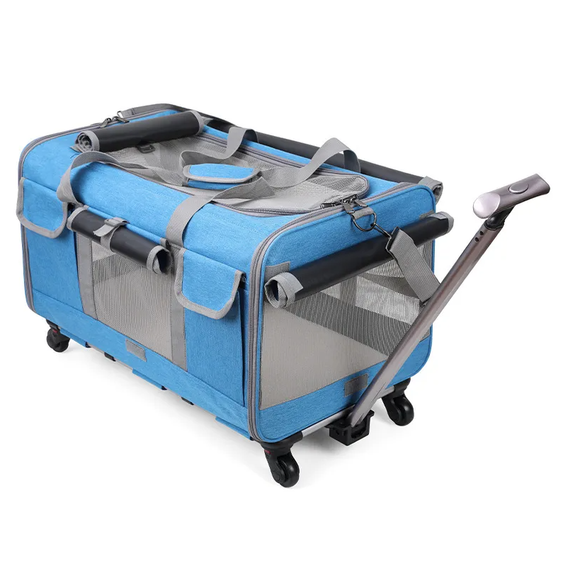 Collapsible Extra Large Cat Carrier with Wheels and Litter Box, Rolling Soft Carrier with Breathable Mesh Windows and Locking Zippers for Long Distanc