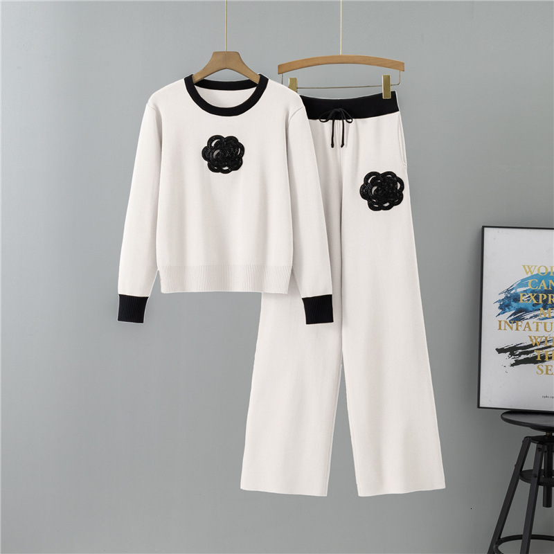 Autumn Winter Knitted Set for Women Round Neck Knitted Sweater Wide Leg Pants Elegant Two-Piece Set 250723