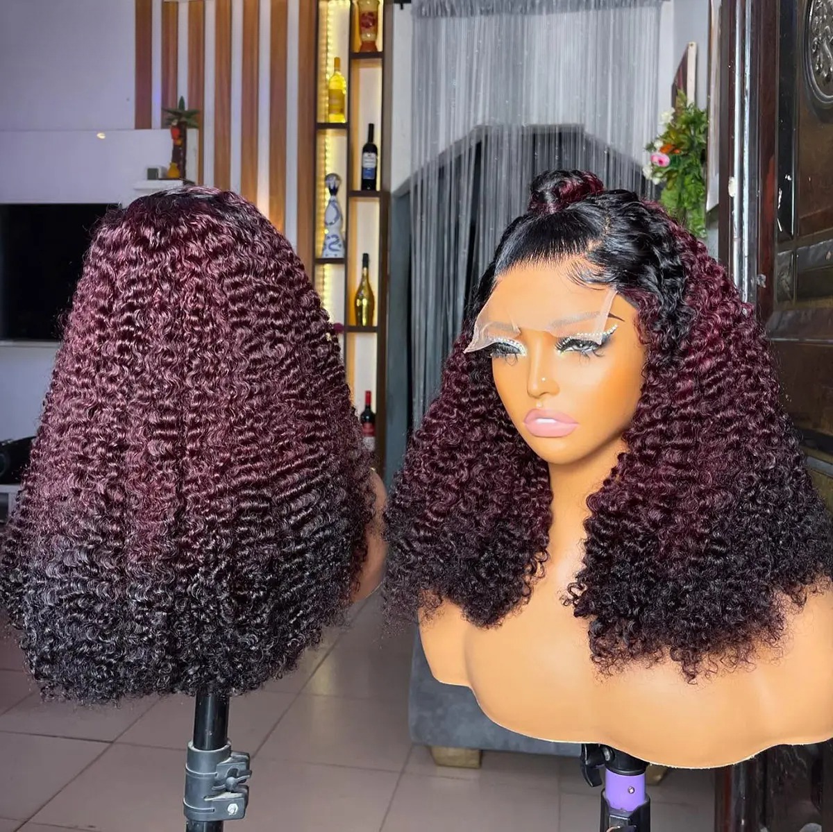 3 Tone 99j Burgundy 13x6 13x4 Full Frontal Human Hair Wigs Pre Plucked Ombre Black Burgundy Kinky Curly 360 Lace Wig for Woman