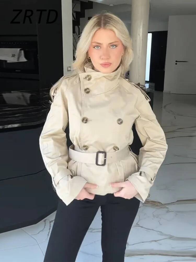 Fashion Women's Short Belt Jackets Turtleneck Double Breasted Full Sleeve Female Trench Coats 2025 Spring Lady Commute Outwear