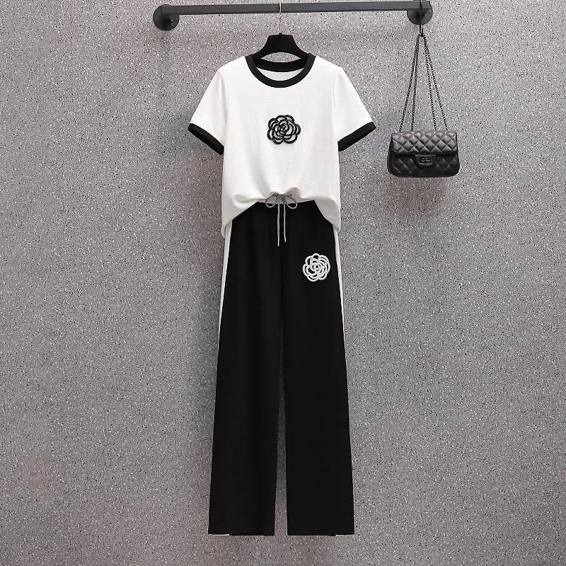 Fashion Two Piece Set Summer Clothes For Women Dresy Damskie Casual Wide Leg Pants Flower Sweater Suits Female clothes 250723
