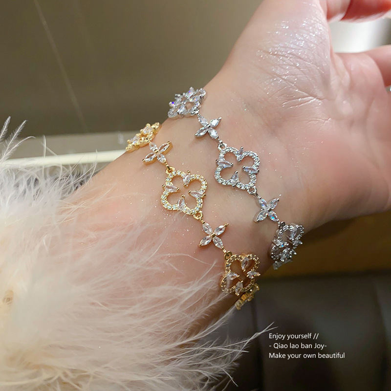 Silver - Tone Clover - Shaped Bracelet With Rhinestone Accents Elegant Party Jewelry And Gift For Her High Quality And Sparkling Jewelry