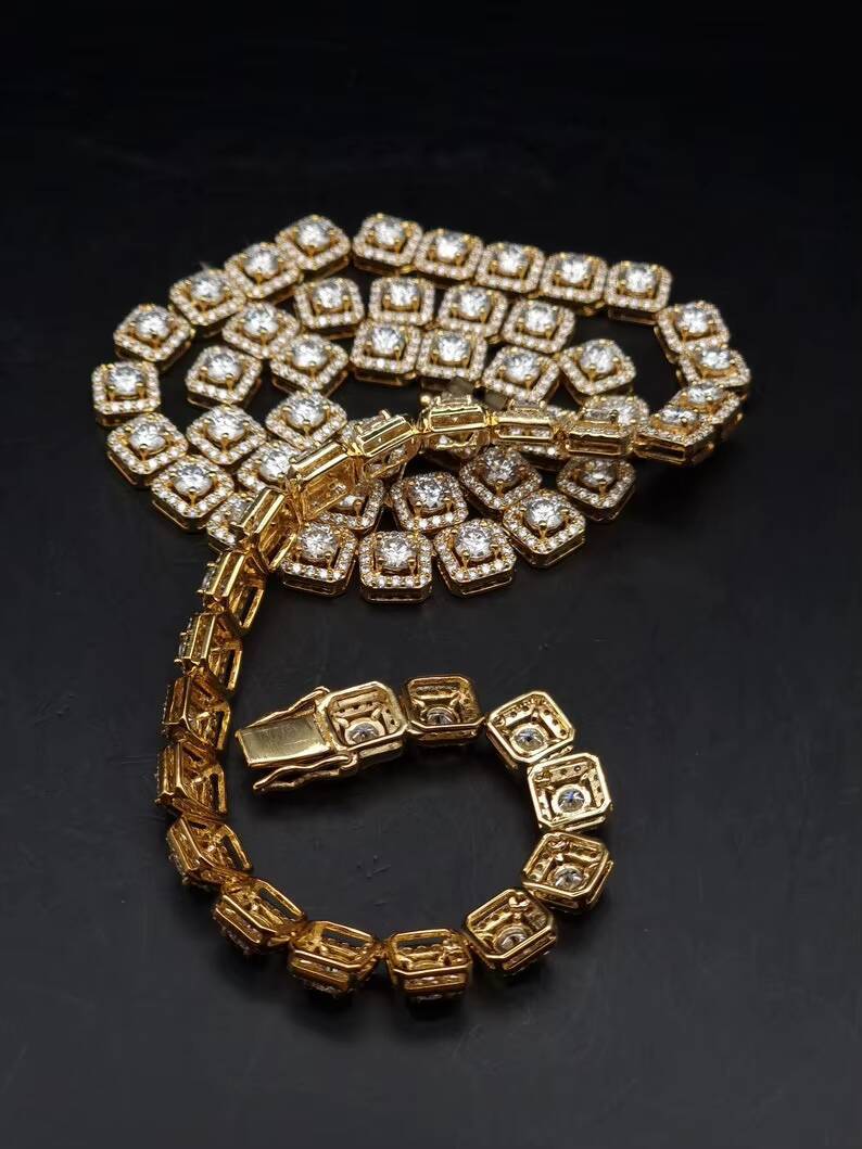 D Color Moissanite Diamond Halo Tennis Chain 925 Sterling Silver Necklace for Men and Women Passes Diamond Pen Tester