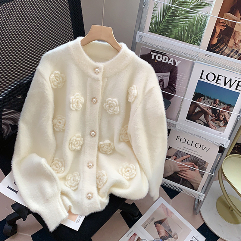 Mink Velvet Gentle Soft Glutinous Style Three-Dimensional Flower Sweater Cardigan Coat Women Autumn Niche Sense Knitted Shirt Top 250723