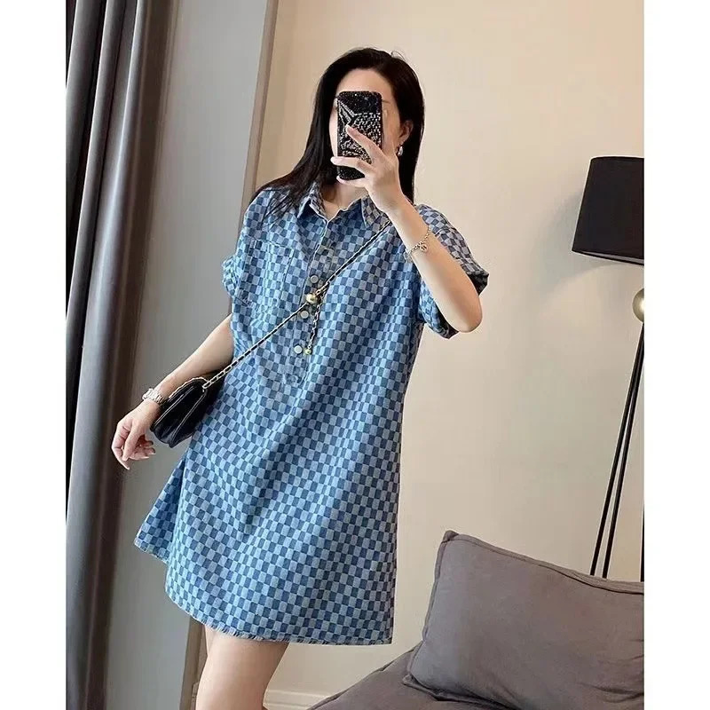 Bluedenim Checkered Dress Womens Summer Arrival Fashionable Stylish Age-Reducing Hong Kong Style Loose-Fit Skirt 250723